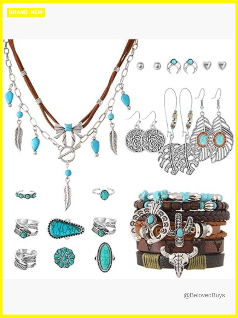 16pc Western Turquoise Jewelry Set - Choker Necklace Earrings Ring Bracelet